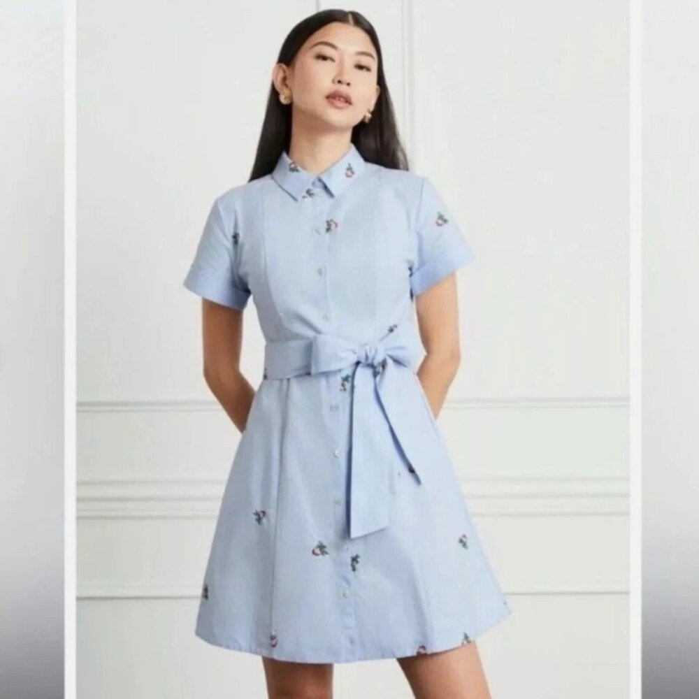 Hill House Laura Embroidered Floral Shirt Dress in Oxford Blue